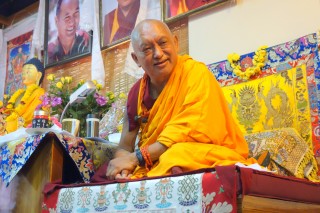 Lama Zopa Rinpoche teaching at Choe Khor Sum Ling, Bangalore, India, March 2014. Photo by Ven Roger Kunsang