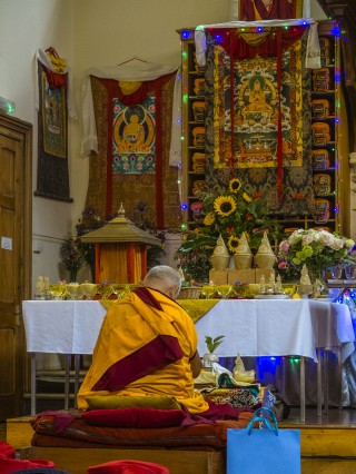 Lama Zopa Rinpoche preparing for initiation, Jamyang Buddhist Centre, London, UK, July 2014. Photo by Pierre Aloize.
