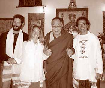 EarthDance organizer Chris Dekker, right, and friends meet with His Holiness the Dalai Lama in India