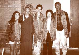 Lama Zopa Rinpoche with the representatives of Nios por la Paz, in Los Angeles this year.