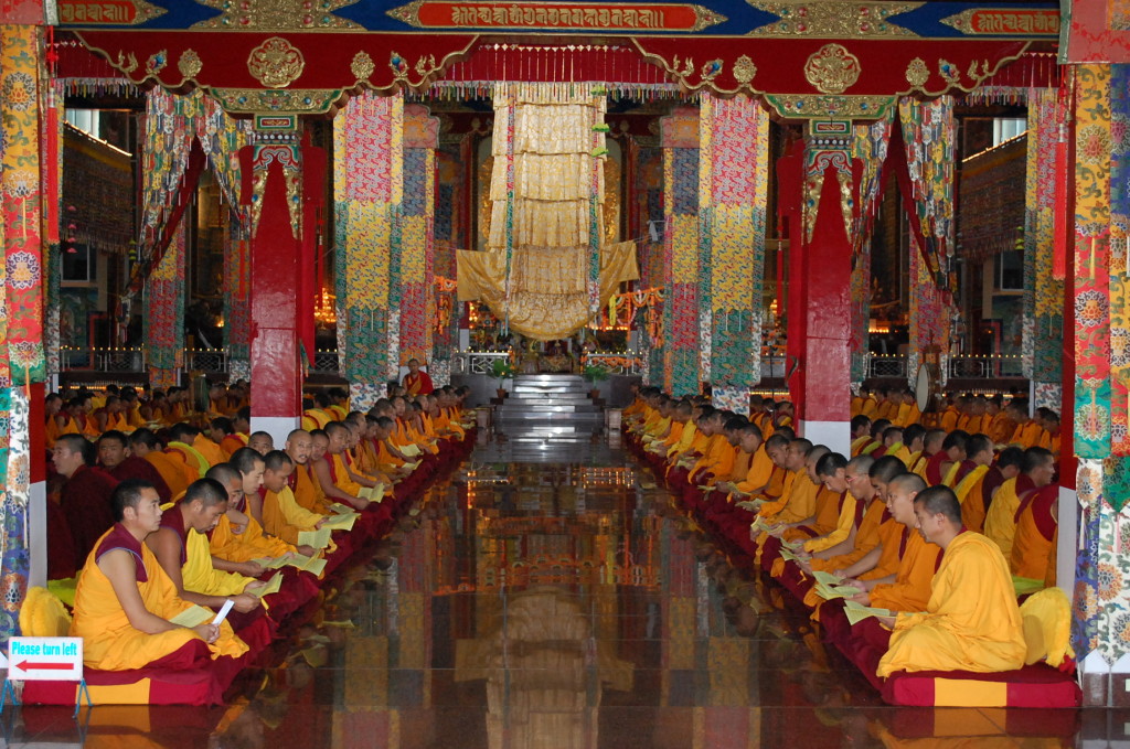 Monks of Sera Mey Monastery offering Medicine Buddha puja sponsored by FPMT Puja Fund.