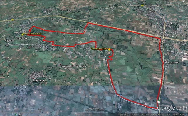 Google Earth screen shot showing Maitreya Project boundary, the Parinirvana Temple and the Rambhar Stupa.