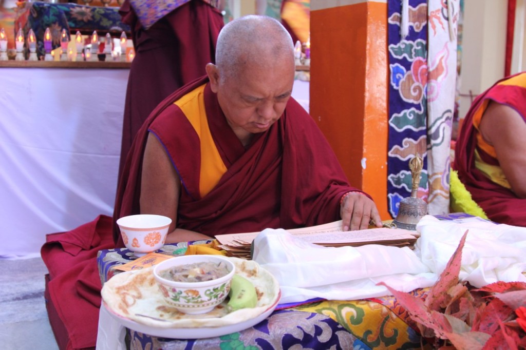 Lama Zopa Rinpoche with dinner from Sera Je Food Fund