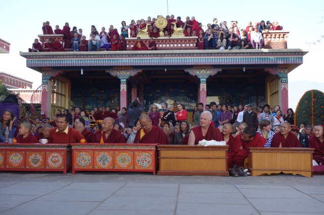 The Kopan course participants and sangha getting settled into the best positions to watch the entertainment the entertainment following the long life puja. December 9, 2013. 
