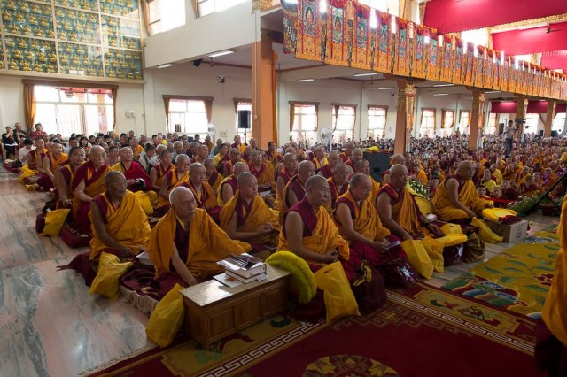 Over 40,000 Sangha attended the Jangchup Lam-rim teaching event including many high lamas. Lama Zopa Rinpoche can be seen with Choden Rinpoche in the fourth row of this photo.
