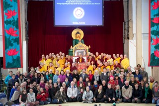 Lama Zopa Rinpoche and CPMT 2014 meeting participants in the Great Stupa of Universal Compassion, Australia, September 2014. Photo by Steve Alberts.