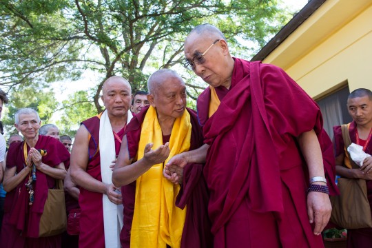 His Holiness the Dalai Lama with Lama Zopa Rinpoche in Italy earlier this year. 