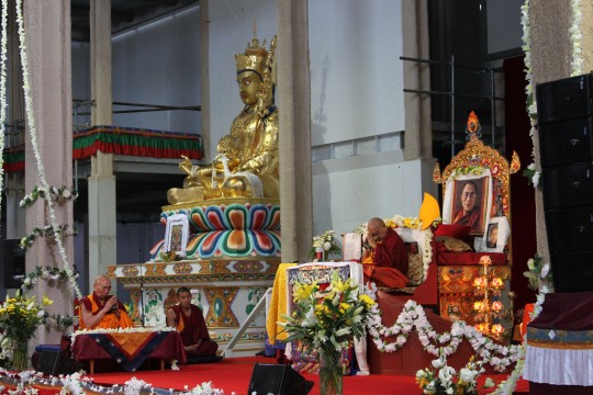 Lama Zopa Rinpoche during long life puja with Geshe Doga, Great Stupa of Universal Compassion, Australia, September 19, 2014. Photo by Laura Miller.
