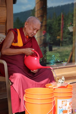 Lama Zopa Rinpoche doing Dzambhala practice, Buddha Amitabha Pure Land, Washington, US, August 2014. Photo by Ven. Roger Kunsang.