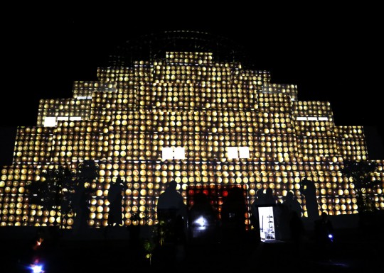 Light offerings projected on to the Great Stupa of Universal Compassion, Australia, October 2014. Photo by Ven. Thubten Kunsang.