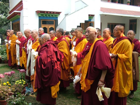 FPMT geshes awaiting the arrival of His Holiness the Dalai Lama, 2006 FPMT Geshe Conference, Sarnath, India. 