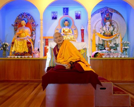 Lama Zopa Rinpoche in the new gompa at Thubten Shedrup Ling Monastery, Bendigo, Australia, November 2014. Photo by Ven. Roger Kunsang.
