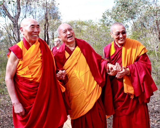 Lama Zopa Rinpoche with Geshe Doga and Khen Rinpoche Geshe Chonyi, Thubten Shedrup Ling, Bendigo, Australia, September 2014. Photo by Ven. Lobsang Sherab.