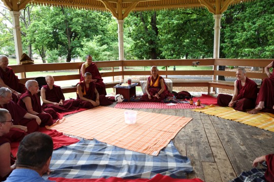 Lama Zopa Rinpoche picnics with Sangha after the recent retreat, Bendigo, Australia, October 2014. Photo by Ven. Roger Kunsang.