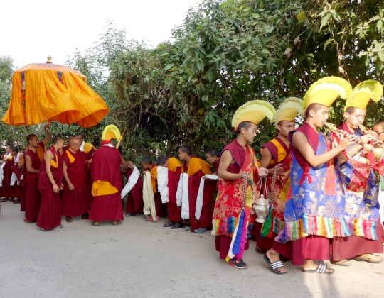 Lama Zopa Rinpoche arriving at Kopan Monastery, Nepal, November 2014. Photo by Ven. Roger Kunsang.