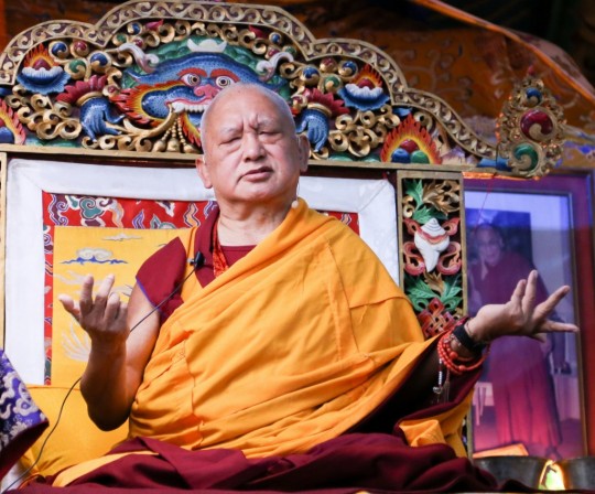 Lama Zopa Rinpoche teaching at the annual November course at Kopan Monastery, Nepal, December 2014. Photo by Ven. Thubten Kunsang.