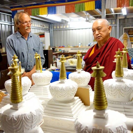 Lama Zopa Rinpche with Garrey Foulkes in the recently completed art studio at Chenrezig Institute, Eudlo, Queensland, Australia, September 2014. Photo by Ven. Roger Kunsang.