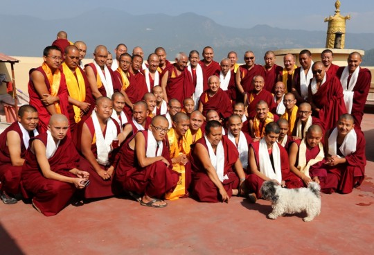 Lama Zopa Rinpoche with some of the senior Kopan monks, Kopan Monastery, December 2, 2014. Photo by Ven. Roger Kunsang.