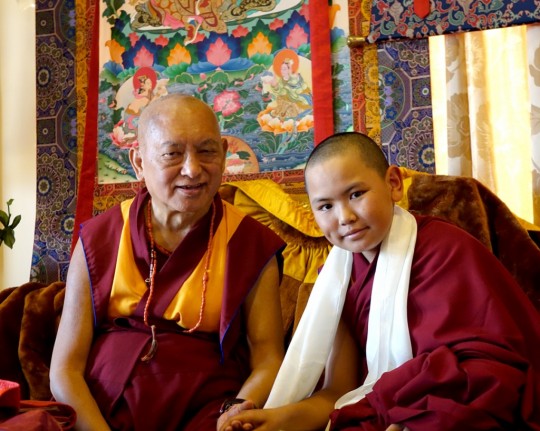 Lama Zopa Rinpoche with Phuntsok Rinpoche after the long life puja for Lama Zopa Rinpoche at Kopan Monastery, Nepal, December 2014. Photo by Ven. Roger Kunsang.