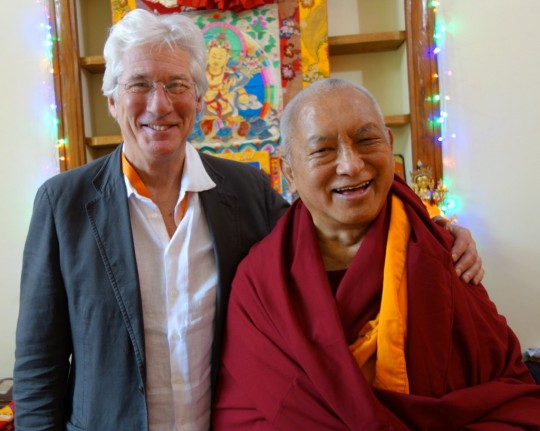Lama Zopa Rinpoche with Richard Gere, Gaden Monastery, Mundgood, India, December 2014. Photo by Ven. Roger Kunsang.