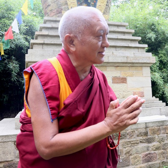 Lama Zopa Rinpoche in front of the stupa on the Harewood House estate, Leeds, UK, July 2014. Photo by Ven. Thubten Kunsang.