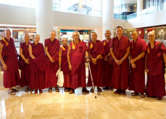Lama Zopa Rinpoche with Khen Rinpoche Geshe Chonyi and Sangha in Singapore, November 2014