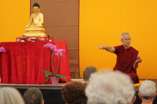 Ven. Rita Riniker teaches with enthusiasm at the first annual Swiss Buddhist Festival, Berne, Switzerland, September 2014. Photo courtesy of Longku Center.