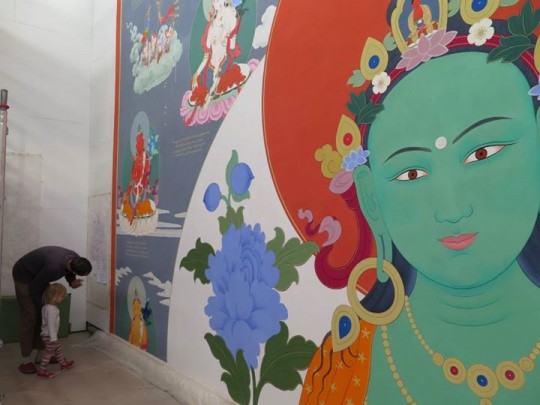 21 Taras thangka is 14 meters (46 feet) high and 9 meters (30 feet) wide. This thangkha is being painted by artist Peter Iseli at a workshop at Institut Vajra Yogini, France. 