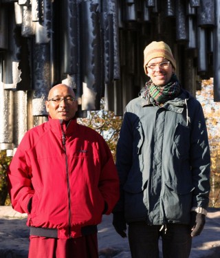 Geshe Sherab and Mikko Putkonen in front of the Sibelius Monument, dedicated to the Finnish national composer Jean Sibelius (1865-1957), Helsinki, Finland, October 2014. Photo by Jere Valkonen.
