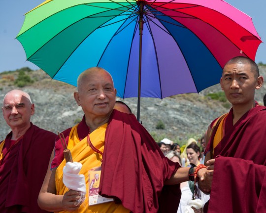 Lama Zopa Rinpoche with Ven. Roger Kunsang and Ven. Sangpo, Italy, June 2014. Photo by Matteo Passigato.