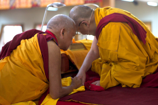Lama Zopa Rinpoche making a request to His Holiness the Dalai Lama during the Jangchup Lamrim teachings, South India, December 2014. Photo by Bill Kane.