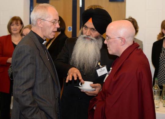 The Revd. Justin Welby, Archbishop of Canterbury with Sikh representative Kulwant Singh Dhesi and Ven. Dawa. Photo courtesy of Jamyang Mindrol-ling.