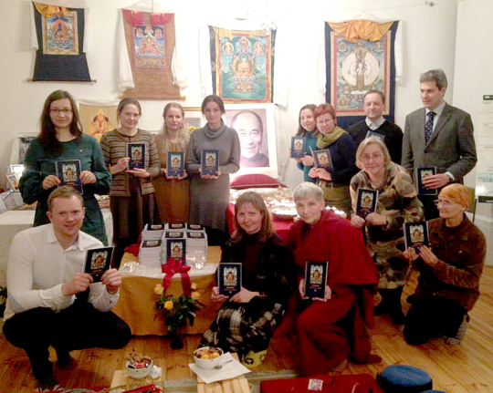 Many volunteers worked together to publish the first Gelug prayer book in Latvian, Riga, Latvia, December 2014. Photo by Daina Jakobsone.