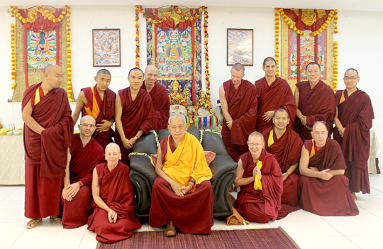 Lama Zopa Rinpoche with monks and nuns, Choe Khor Sum Ling, Bangalore, India, January 2015. Photo by Deepthy Shekhar.