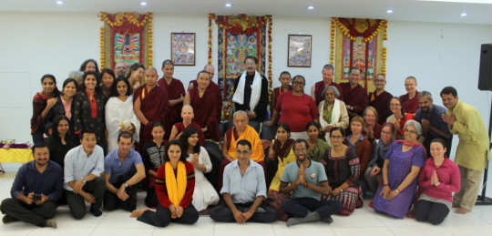 Lama Zopa Rinpoche with the students of Choe Khor Sum Ling, Bangalore, India, January 2015. Photo by Deepthy Shekhar.