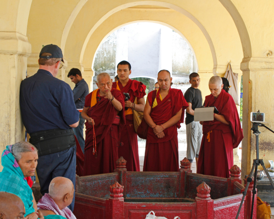 Lama Zopa Rinpoche teaching at Sujata, where Buddha practiced austerities life for six years, India, March 2015. Photo by Ven. Lobsang Sherab.