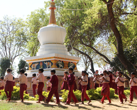 Students circumambulating the stupa at Maitreya School, Root Institute, Bodhgaya, India, March 2015. Photo by Ven. Roger Kunsang.