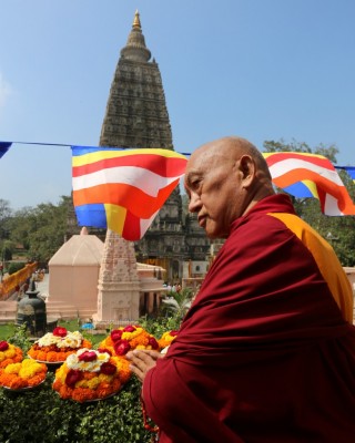 Lama Zopa Rinpoche, Mahabodhi Stupa, Bodhgaya, India, March 2105. Photo by Ven. Thubten Kunsang.