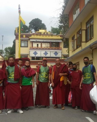 Emergency relief volunteers, some will be traveling to Thame with food and shelter for families there, Kopan Monastery, April 29, 2015. Photo by Tara Melwani.