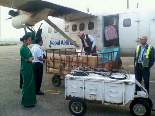 Emergency relief supplies headed to Thame at the airport in Kathmandu, Nepal, May 1, 2015. 