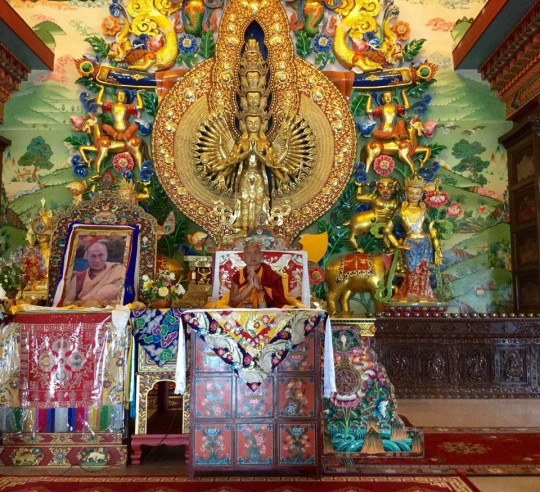 Lama Zopa Rinpoche in the offering prayers and blessings in the new gompa at Khachoe Dechen Nunnery, also know as the Kopan Nunnery, Nepal, April 30, 2015. Photo by Ven. Sarah Thresher.