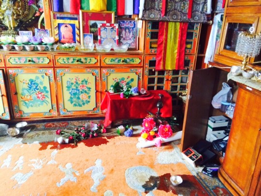 Spilled waterbowls in Lama Zopa Rinpoche's room, Kopan Monastery, Nepal, April 25, 2015. Photo by Ven. Sangpo Sherpa.
