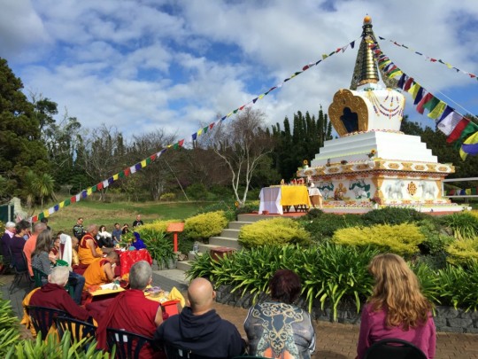 Lama Zopa Rinpoche consecrating stupa at Mahamudra Centre, New Zealand, May 2015. Photo by Ven. Thubten Kunsang.