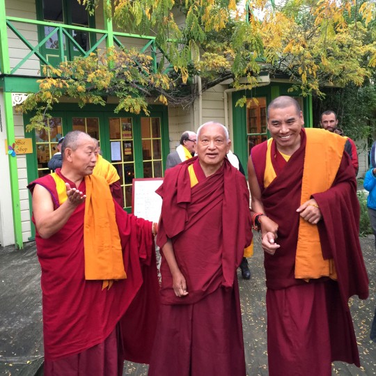 Lama Zopa Rinpoche with Geshe ? and Geshe Jampa Tharchin at Chandrakirti Centre for consecration of Guru Rinpoche statue, Nelson, New Zealand, May 2015. Photo by Ven. Roger Kunsang.