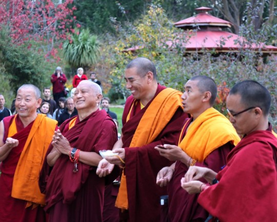 Lama Zopa Rinpoche, Geshe Wangchen and Geshe Tharchin blessing the large Buddha statue at Chandrakirti Centre, Nelson, New Zealand, May 2015. Photo by Ven. Thubten Kunsang.
