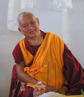 Lama Zopa Rinpoche, MAITRI Charitable Project, Bodhgaya, India, February 2015. Photo by Ven. Thubten Kunsang.
