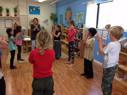 Mary Webster leads a drama exercise in the Evergreen class at our pilot program, Tara Redwood School in Soquel, California, US. Photo courtesy of CCC.