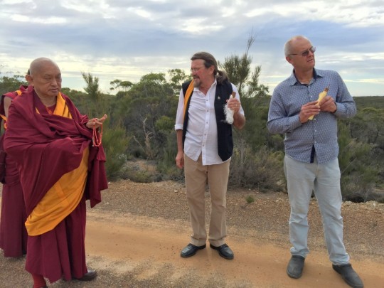 Lama Zopa Rinpoche looking around the De-Tong Ling Retreat Centre land with ex-director Kimball Cuddihy and present director Will Abram, Kangaroo Island, Australia, May 2015. Photo by Ven. Roger Kunsang.