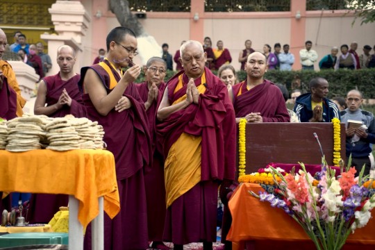 Lama Zopa Rinpoche, Mahabodhi Stupa, Bodhgaya, India, March 2015. Photo by Andy Melnic.