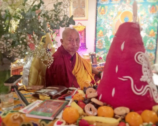 Lama Zopa Rinpoche at Lama Chopa Tsog offering in Buddha House, Australia, May 2015. Photo by Ven.Roger Kunsang.